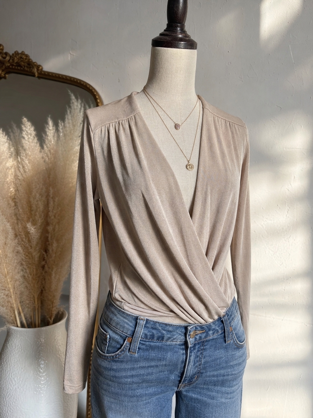 Free People Intimately Nude Wrap Bodysuit Long Sleeve Deep V Boho Stretch Top S